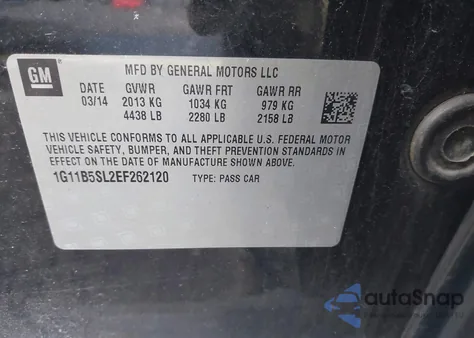 2014 Chevrolet Malibu 1Ls z USA, uszkodzony, nr VIN 1G11B5SL2EF262120